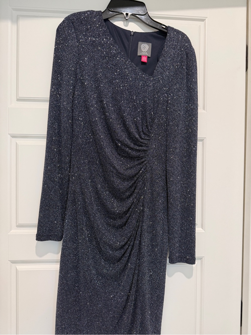 NWT Vince Camuto Sparkle Navy Ruched V-Neck Long Sleeve Dress